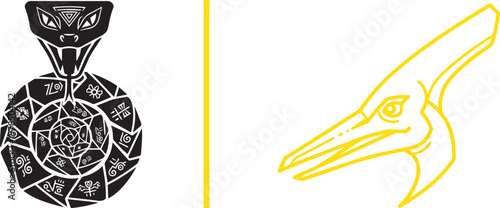 Tribal snake with mystical symbols and yellow pterodactyl head vector illustration set