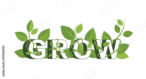 Bold white letters spelling the word GROW are beautifully intertwined with lush green vines and vibrant leaves against a clean white studio background.