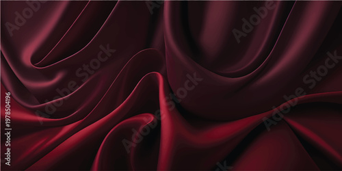 Elegant red silk curtain backdrop featuring smooth flowing waves of luxury satin fabric and soft curves for a decorative textile design