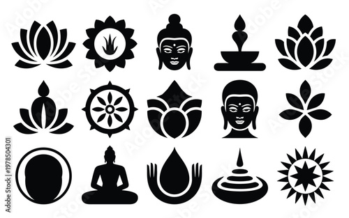 Black geometric silhouettes of buddhist symbols lotus flowers meditating figures dharma wheels and spiritual elements for mindfulness and meditation practices