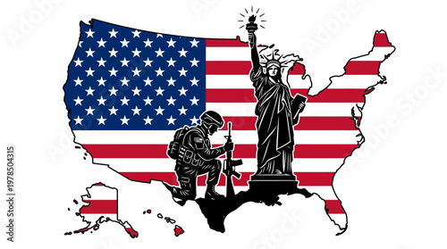 Kneeling Soldier and Statue of Liberty Vector Illustration with American Flag Map Silhouette, Patriotic Tribute, Freedom, Democracy, Service, Sacrifice, National Pride Symbol