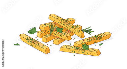 Savory seasoned potato wedges garnished with fresh green parsley and rosemary sprigs are scattered artistically across a pristine white studio surface.