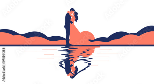 Romantic Couple Silhouette Embracing with Heart Reflection