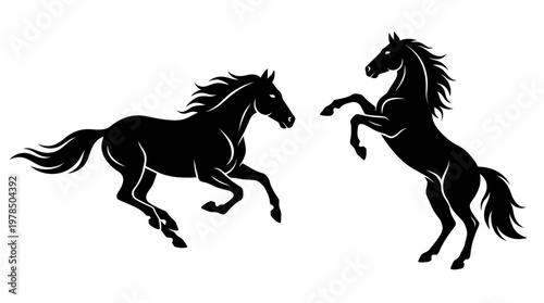 Horse Silhouettes Vector Illustration with Galloping and Rearing Black Stallions, Dynamic Motion, Flowing Mane, Powerful Energy, Graceful Equine Art on White Background