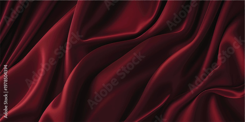 A smooth red silk and satin fabric background features luxurious flowing waves and soft curves of elegant shiny textile material for a decorative Valentine backdrop
