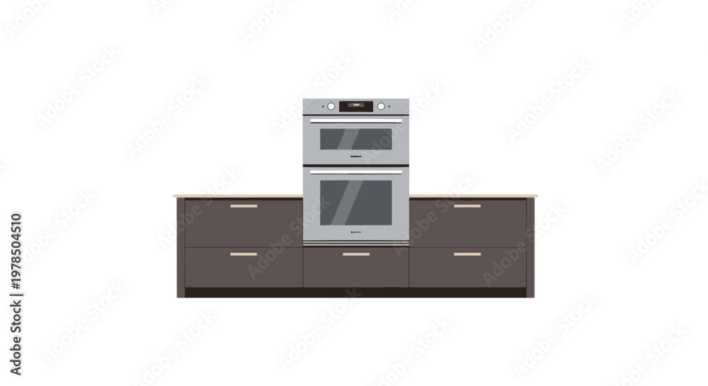 Fototapeta premium A stainless steel double oven is mounted directly above a dark brown kitchen cabinet base featuring multiple drawers with long horizontal metal handles.
