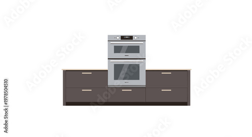 A stainless steel double oven is mounted directly above a dark brown kitchen cabinet base featuring multiple drawers with long horizontal metal handles.