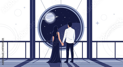 Romantic stargazing couple holding hands with space background illustration