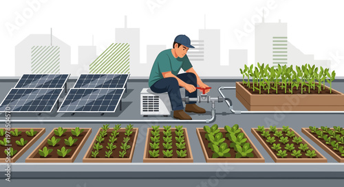 Rooftop urban garden showcases sustainable energy and food production in a cityscape