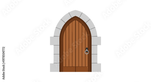 A rustic arched wooden door with vertical planks and a circular iron ring handle sits perfectly within a sturdy grey stone masonry frame on white space.