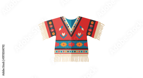 A vibrant red poncho adorned with intricate geometric patterns and blue bands features long cream fringe hanging elegantly against a clean white backdrop.