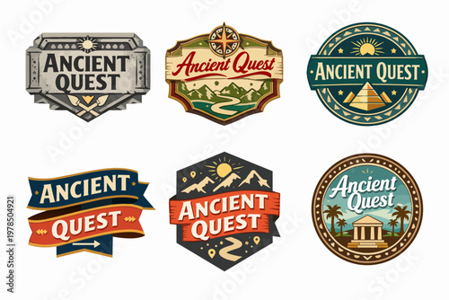Set of different ancient quest logos and badges, conveying concepts of discovery, journey, and historical exploration