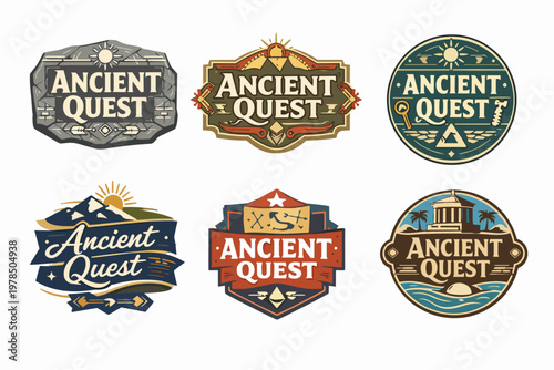 Ancient quest logo collection displaying vintage badges, emblem designs for adventure, exploration, and archeology