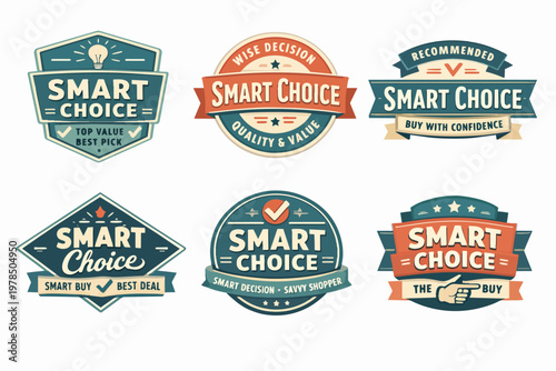 Smart choice labels collection offering best value, top pick, recommended quality, and wise decision badges