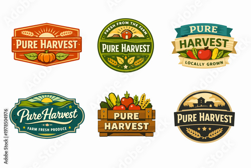 Pure harvest organic farm food logos set for natural fresh produce market and agriculture branding design