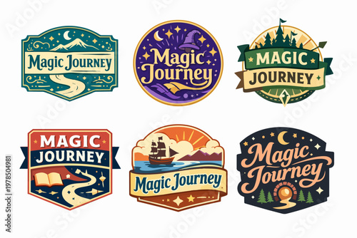 Magic journey logos collection with adventure, fantasy, travel, and mystical themes on varied badges