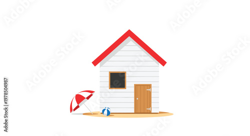 A charming white beach hut with a vibrant red roof stands on sand beside a striped umbrella and a beach ball under bright and sunny coastal sky lighting.