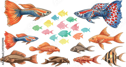 Colorful tropical aquarium fish collection with guppy goldfish and exotic species, decorative marine illustration set isolated background