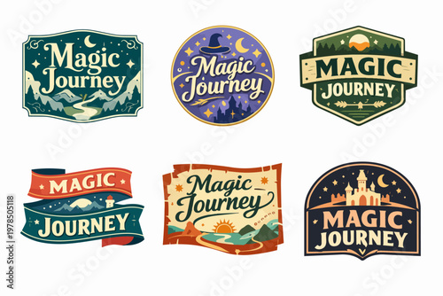 Six distinct magic journey concept logos with fantasy theme, featuring castles, mountains, nature, and wizard elements