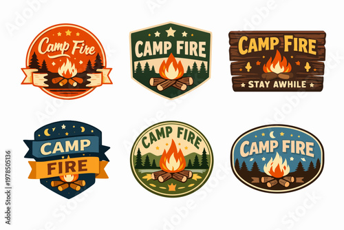 Retro camp fire badge collection with outdoor adventure symbols and vintage camping patches design