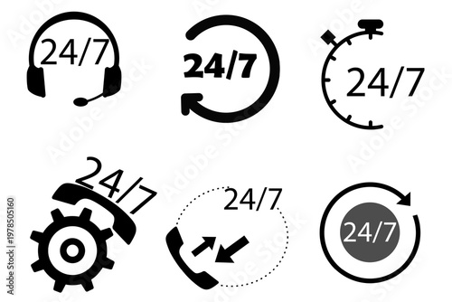 24 7 service icon. The 24 hour service is open 24 hours a day, 7 days a week. Simple illustration of 24-7 elements