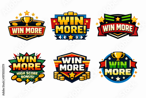 Collection of win more badges and labels in cartoon style, with trophies, stars, and coins, for games and promotions