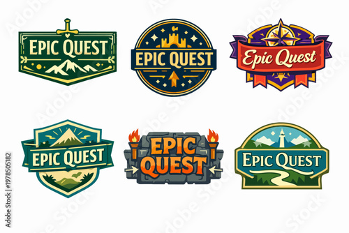 Gaming adventure logo collection showcasing fantasy quest shields, emblems, and badges for rpgs and game branding