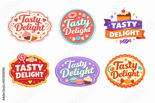 Tasty delight logo collection featuring various sweet food items like cupcakes, macarons, donuts, cakes, and candies