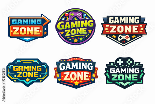 Gaming zone logos set featuring diverse styles and vibrant designs for video game enthusiasts and esports events