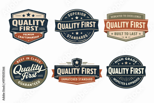 Quality first badges collection, guaranteeing premium craftsmanship, superior standards, and excellence in products