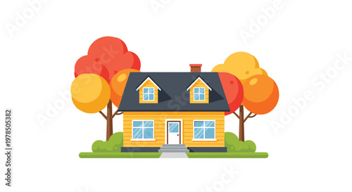 A charming yellow house with a dark roof is flanked by large colorful autumn trees and dense green shrubbery in a serene and picturesque home setting.
