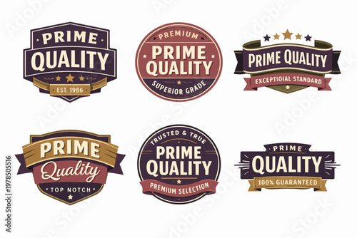 Prime quality product badges set, vintage style labels indicating premium standard and exceptional guarantee
