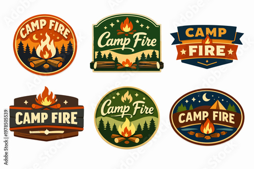 Collection of vintage camp fire emblem designs, celebrating outdoor adventure, camping, and nature exploration in a retro style