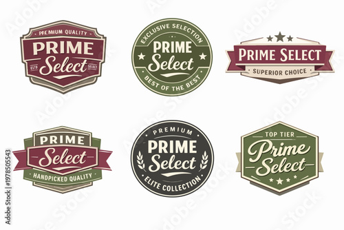 Prime select vintage style badges set offering premium quality, superior choice, and handpicked product emblems