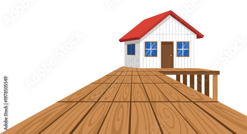 A charming white house with a vibrant red roof sits at the end of a long wooden pier extending into the distance under a clear and bright atmosphere.