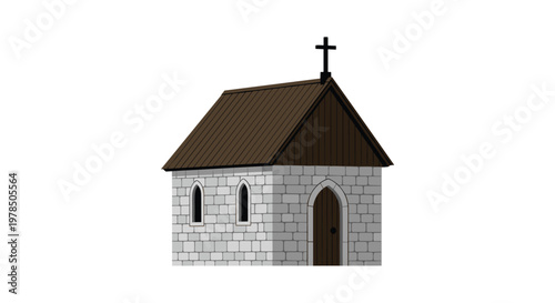 A rustic stone chapel featuring a dark wooden roof and a prominent black cross stands isolated against a clean white background in a minimalist design.