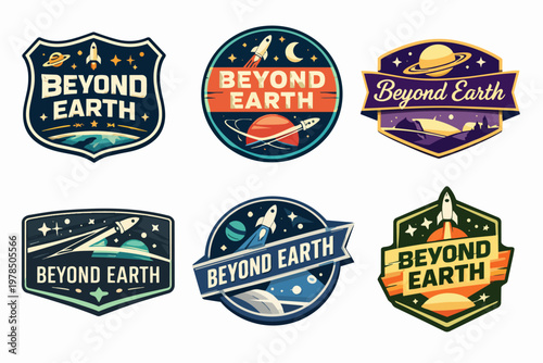 Set of outer space badges showing rockets, planets, and stars for cosmic exploration, discovery, and science fiction concepts