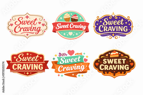 Sweet craving labels collection for bakery, confectionery, patisserie, cupcakes, desserts, or candy shop branding
