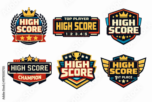High score gaming badge collection winning awards. Champion leaderboard ranking emblem set for competition achievement and top player status