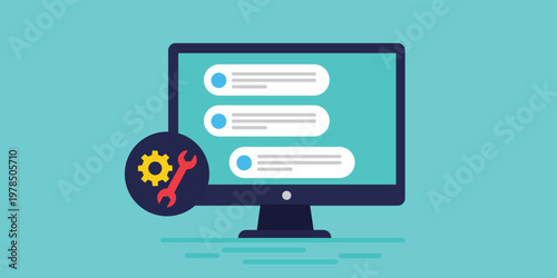 Computer Monitor Settings Configuration - Technical Support Chat Interface IT Service Management System Admin Tools Gear Wrench Vector Illustration