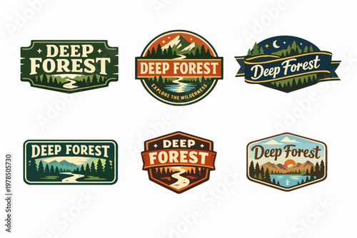 Deep forest adventure and outdoor exploration badges with vintage mountain, river, and tree landscape designs