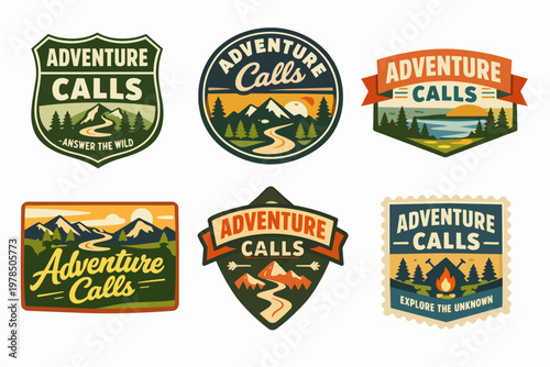 Adventure calls outdoor badges set exploring nature, mountains, forest, lake, and road with vintage camping and travel designs