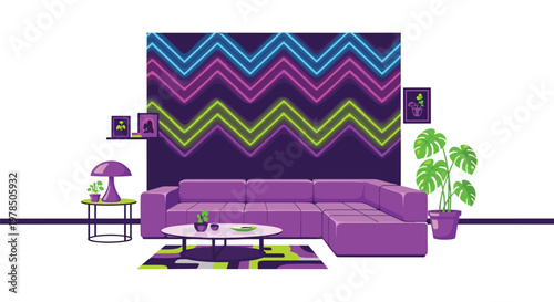 A spacious sectional purple sofa sits before a wall adorned with neon zigzag patterns and framed art in a stylish room featuring a large monstera plant.