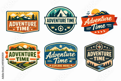Outdoor adventure exploration badges set, vintage style camping travel logos with mountains, trees, and compass symbols