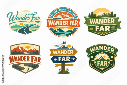 Wander far collection of outdoor travel adventure vector logos, badges, and labels with explore dream discover concepts