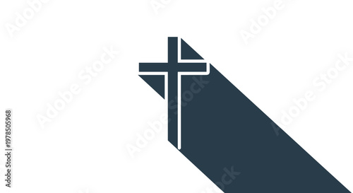 A minimalist dark grey Christian cross icon featuring a sharp and elongated drop shadow cast upon a clean and pristine solid white background surface.