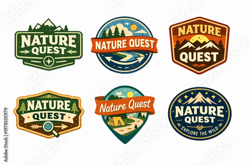 Exploring wilderness with set of nature adventure badges, design emblems for outdoor travel and camping