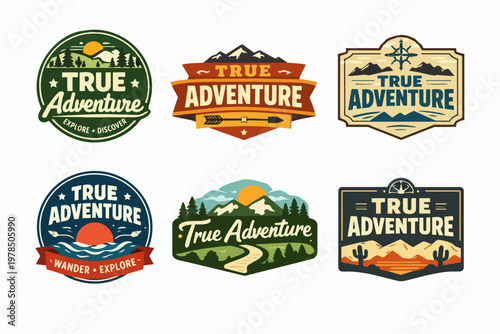 Collection of true adventure vintage outdoor badges creating a set of labels for exploration, camping, and travel brands