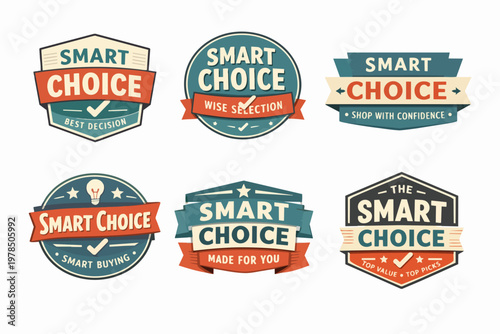 Smart choice vintage badges collection offering best decision, wise selection, top value, and confident buying concepts