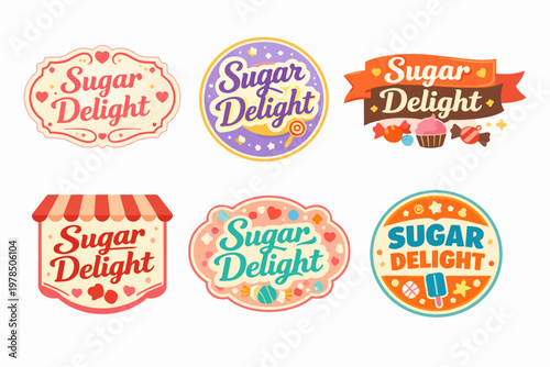 Sugar delight badges and emblems in various styles for patisseries, ice cream palors, and sweet food businesses